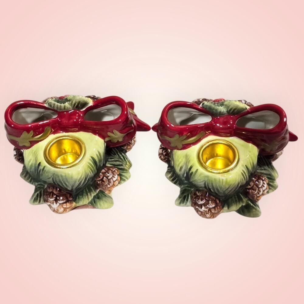 VTG Ceramic Christmas Wreath Candle Holders With Pinecones‎ And Red Bow 3D